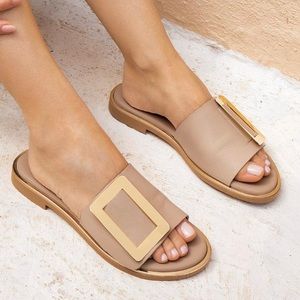 Tsouderos Gray & Gold Buckle Nella Sandals